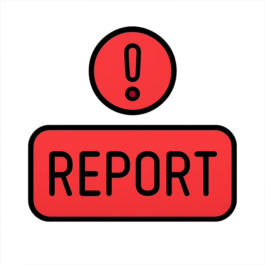 the word REPORT in all caps, framed by a red rounded rectangle, with a red exclamation mark above it, the exclamation mark is also framed by a red circle, everything is red emoji