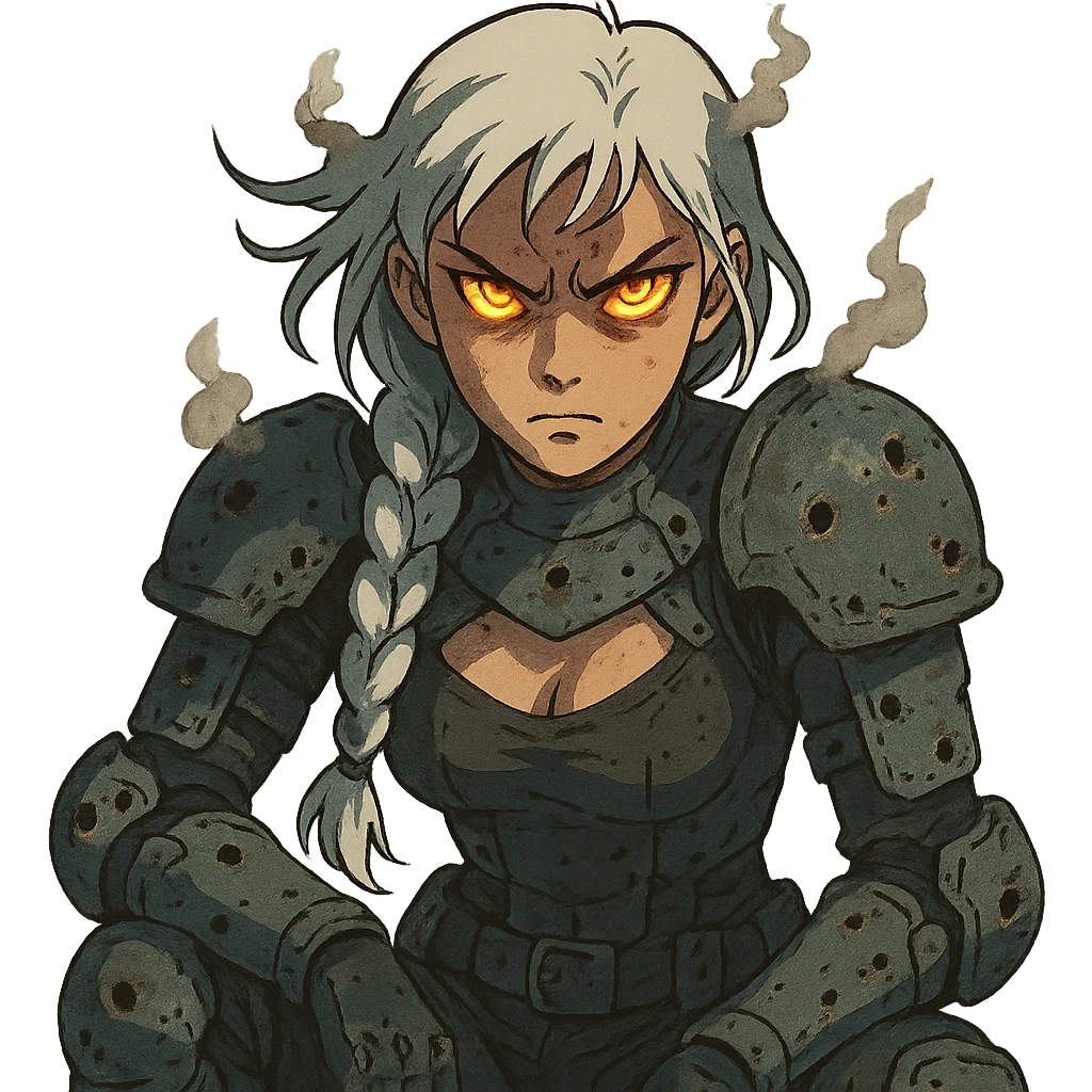  she is wearing armor, maximum power , armor riddled with bullet holes, smoking, vengeful aura demon glare eyes, a closeup portrait of young woman with gold yellow eyes, white hair, long braid, black off-shoulder top d-cup, punk gothic style, futuristic cyberwave cyberpunk, sitting position emoji
