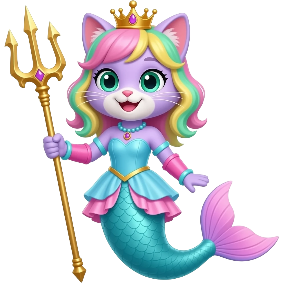 light purple  anthro cat smiling  with pink and green and yellow hair blue green eyes golden crown with light purple necklace light cyan braclets cyan and blue dress with pink skirt attached to cyan mermaid tail with pink tail fins pink and cyan gloves holding a golden trident emoji