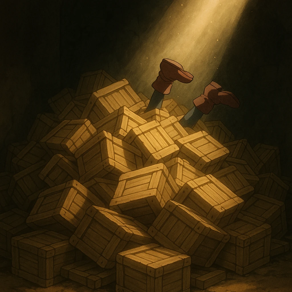 A pile of small oblong crates hidden in a dark area with a beam of light shining from above, with someone’s boots sticking out like they dove in emoji