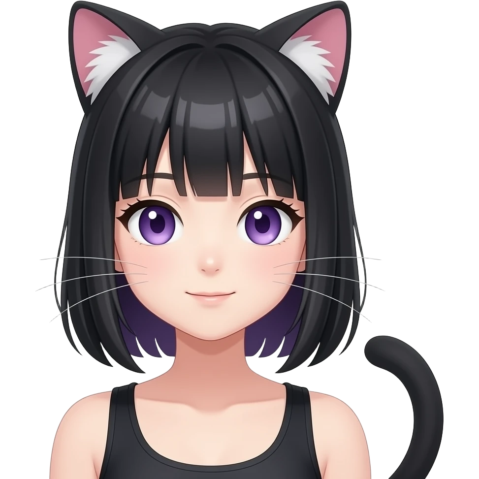 anime neko girl, long straight black hair with bangs, purple eyes emoji