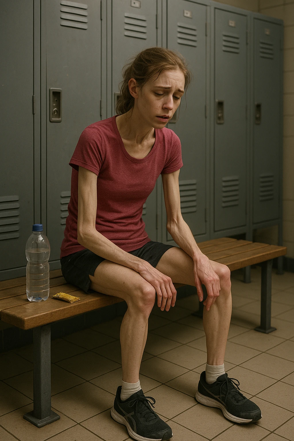 3D rendered scene: a woman in her 20s wearing running clothes sits on a bench in a locker room, looking exhausted and weak. Her face shows signs of fatigue, and her limbs appear thin and lacking muscle tone. A water bottle and a small, half-eaten snack are beside her, hinting at insufficient nutrition. The environment is realistic, with a focus on her physical and emotional state. emoji