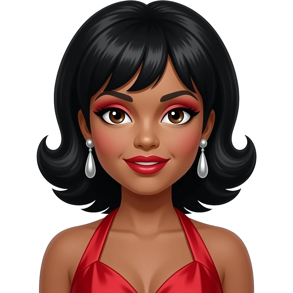 Mary Wells, Motown Singer with dark brown eyes, long black 60s beehive hair, red eyeshadow and lipstick, red silk halter dress, silver earrings emoji