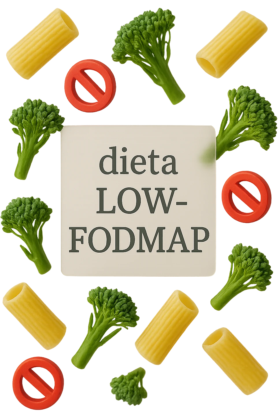 BROCCOLETTI E PENNE DI PASTA RIGATE FLUTTUANO IN ARIA insieme a piccoli divieti 3d, DAVANTI A LORO FLUTTUA UN FOGLIO CON LA SCRITTA "dieta low-fodmap" emoji
