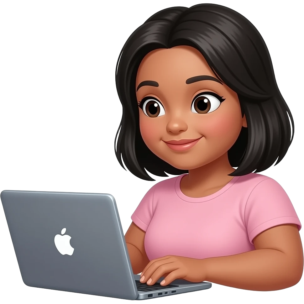 create a person on the anime like One Piece or My hero academia design, who is girl with black hair, black eyes et caramel color skin, chubby girl who work on the laptop emoji