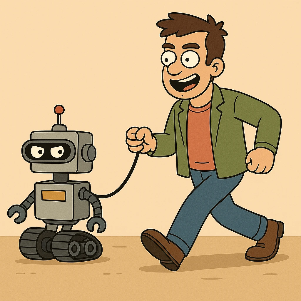 Make the robot look more competent and confident, while keeping the human character the same. Maintain the original style and background as in the reference image. emoji