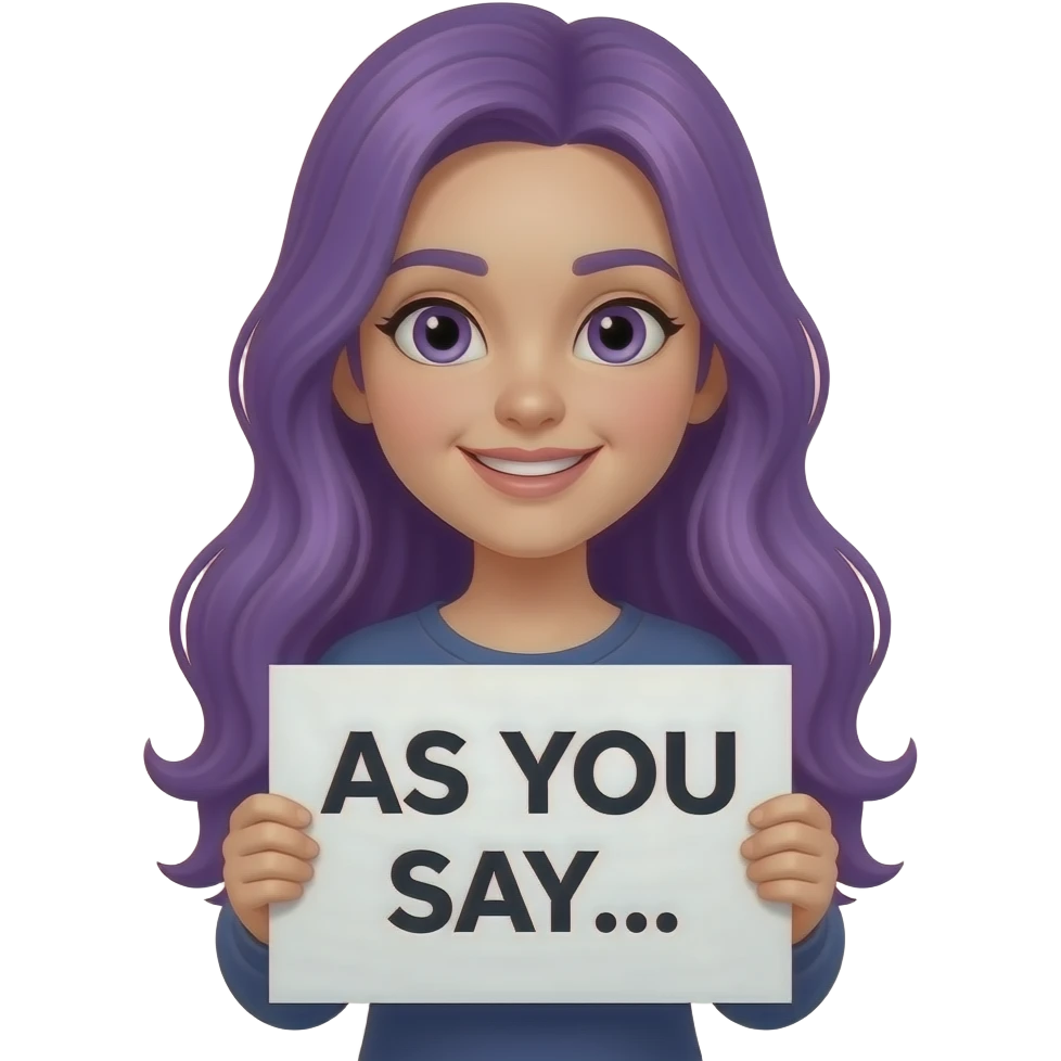 girl with long purple hair holding a AS YOU SAY... sign emoji