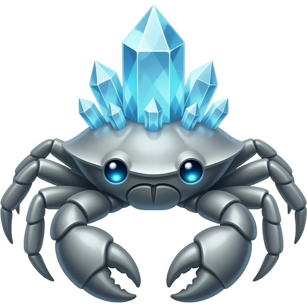 A Gray crab with crystals in a big Crystal on its back with blue glowing eyes  facing d emoji