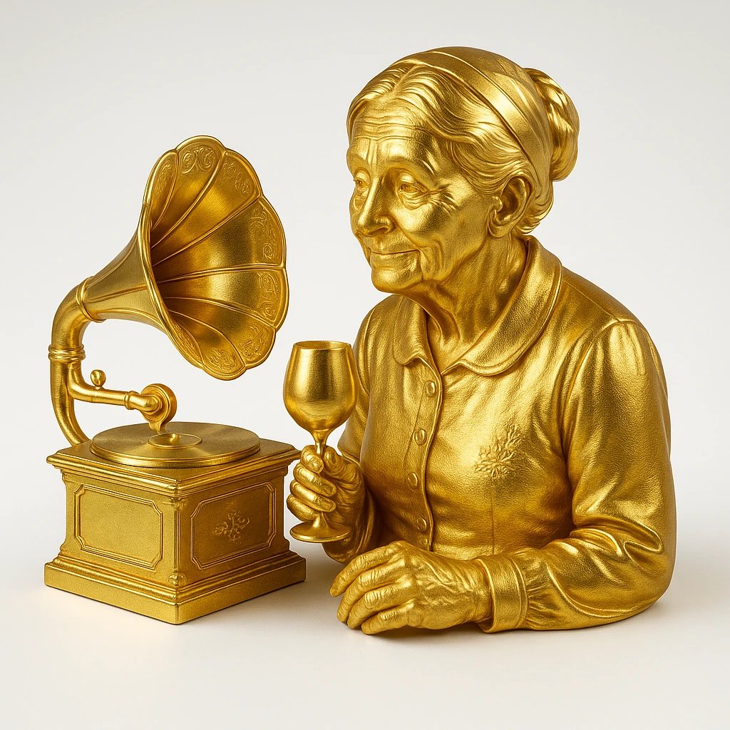 old lady with wineglass listening to gramophone emoji
