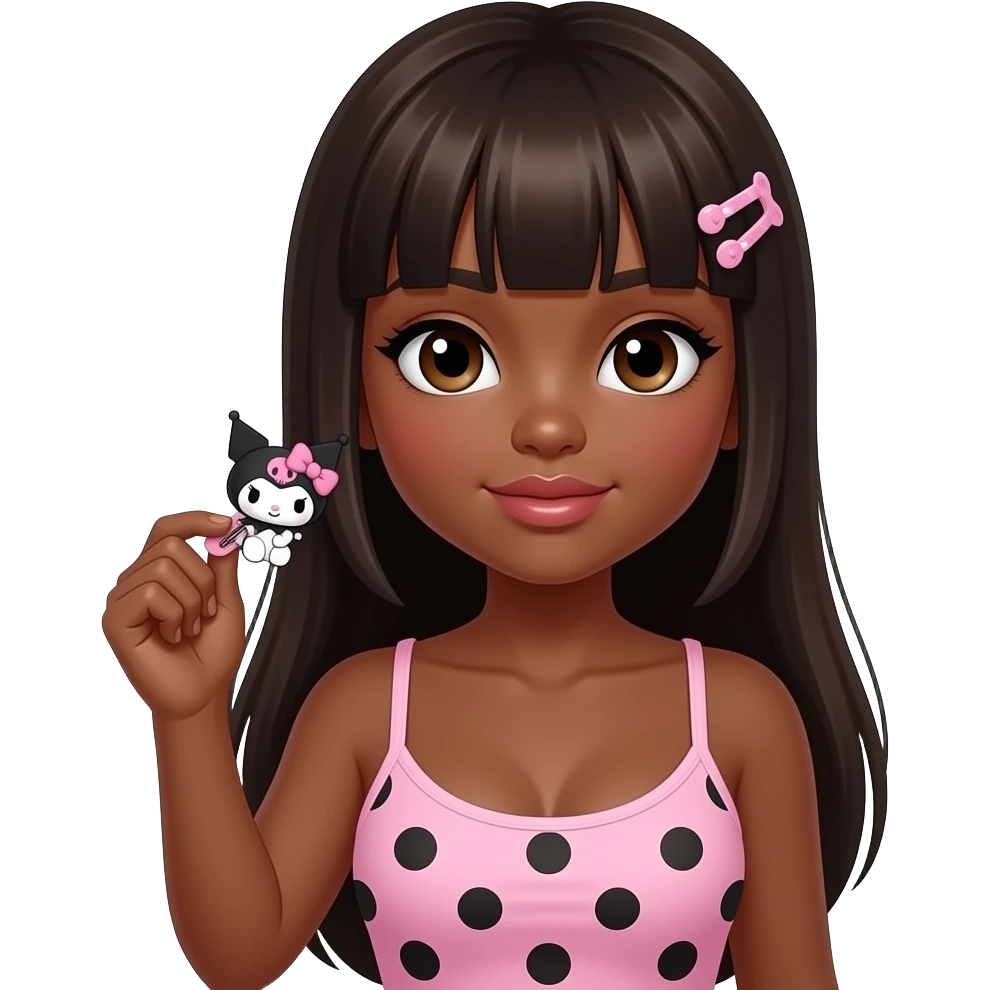 Dark brown skin, Gyaru makeup, my melody hairclip, cutecore, doll eyes, Doll, big chest, black girl with dark brown skin, with straig htened long dark brown hair, black cute eyes, cute lips with Gyaru outfit with tank top light pink and black polka dots emoji
