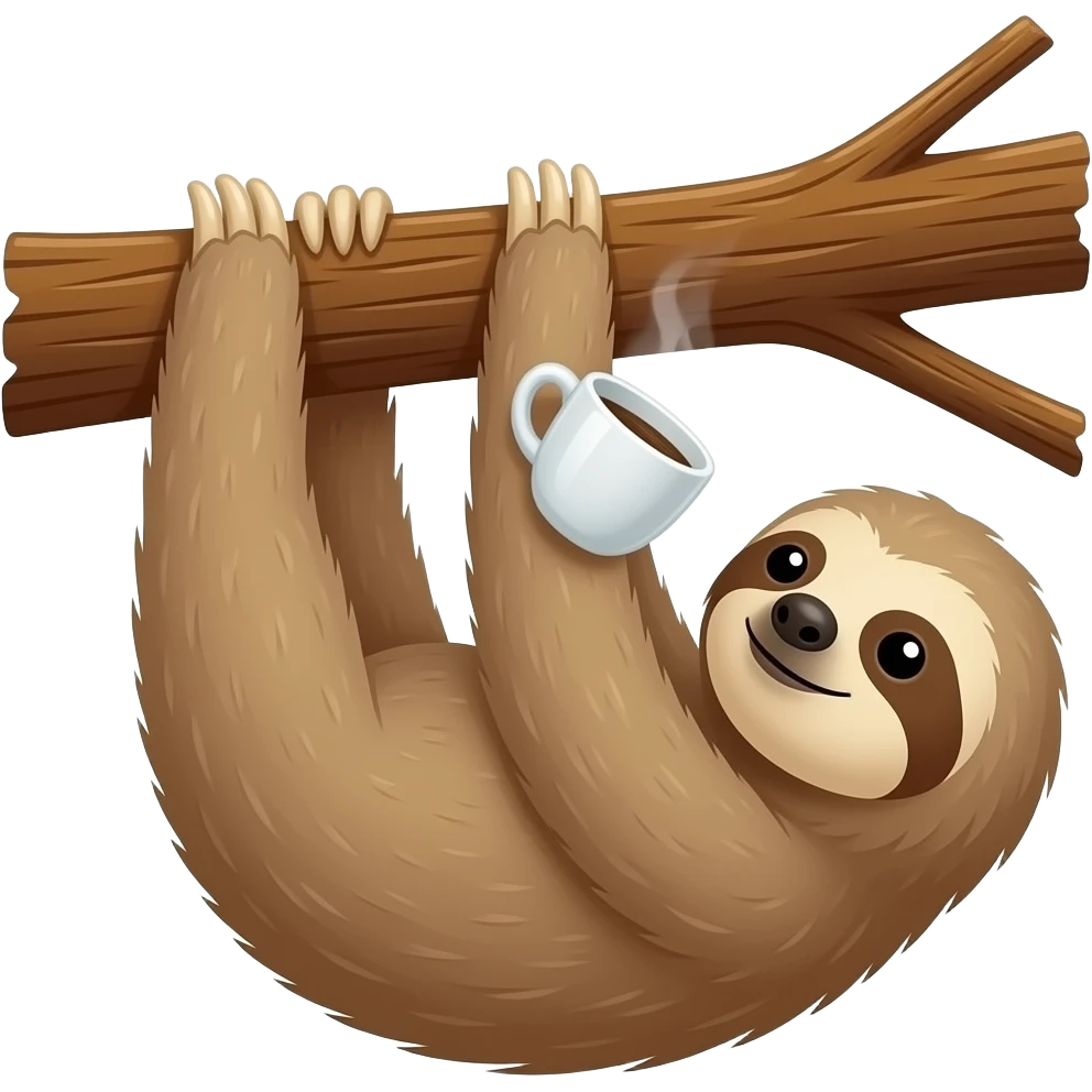 hanging sloth big tree branch drink morning coffee emoji