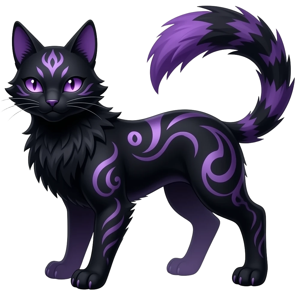 Realistic dark black purplish blackish edgy fantasy ethereal feline-vernid-sergal-monster-furret-Lycanroc-umbreon-fursona animal creature full body with intricate markings emoji
