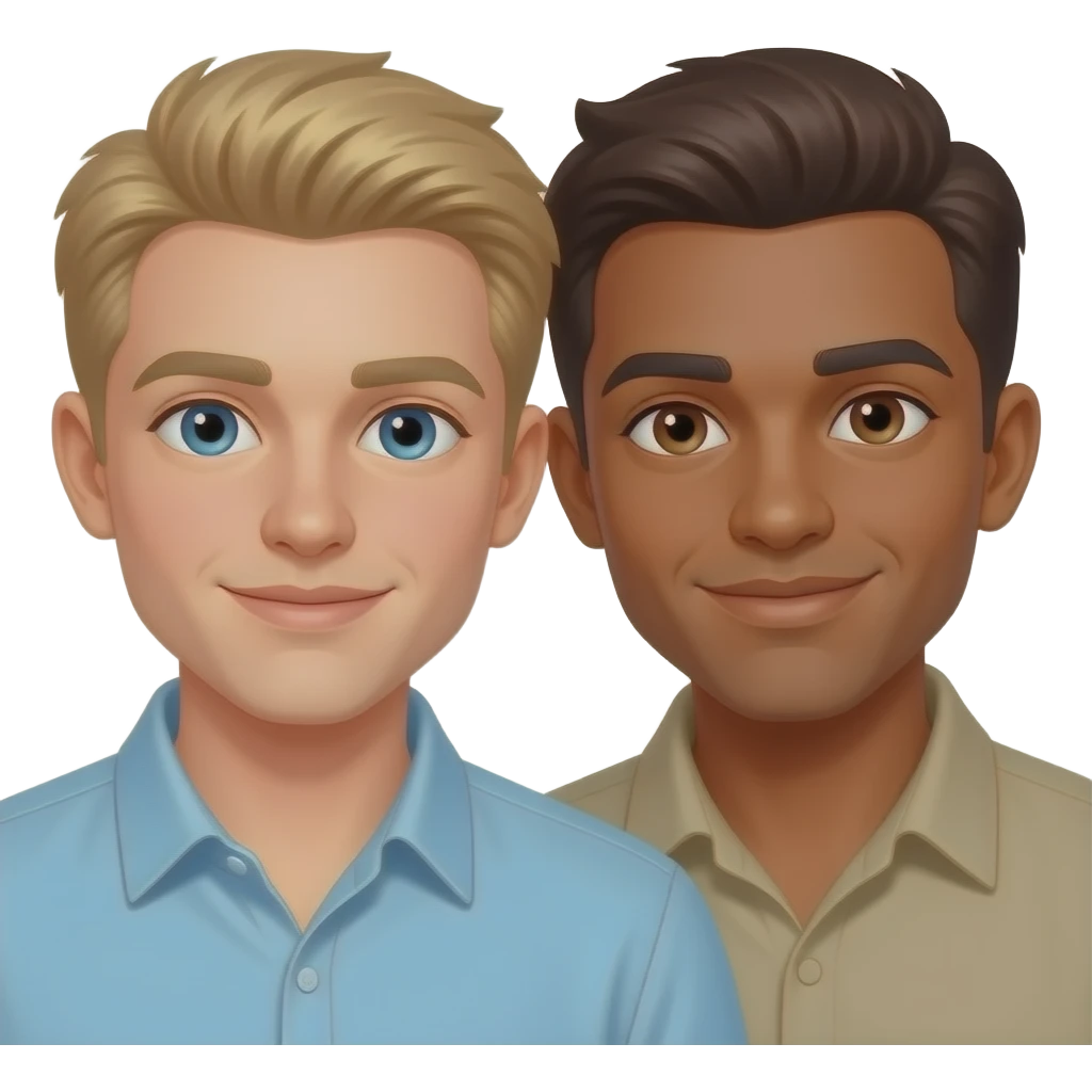 Make a young gay couple on a Date , one has light Skin with Blond Hair and Blue Eyes, the other one has slightly brown skin witz dark Brown Hair and Brown Eyes. They are in love. emoji