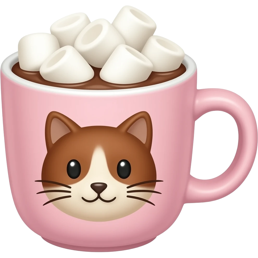 Caneca rosa clara com uma estampa de um gatinho Marrom dentro de uma caneca, e da caneca que não é a estampa, tem chocolate quente com marshmallows. emoji