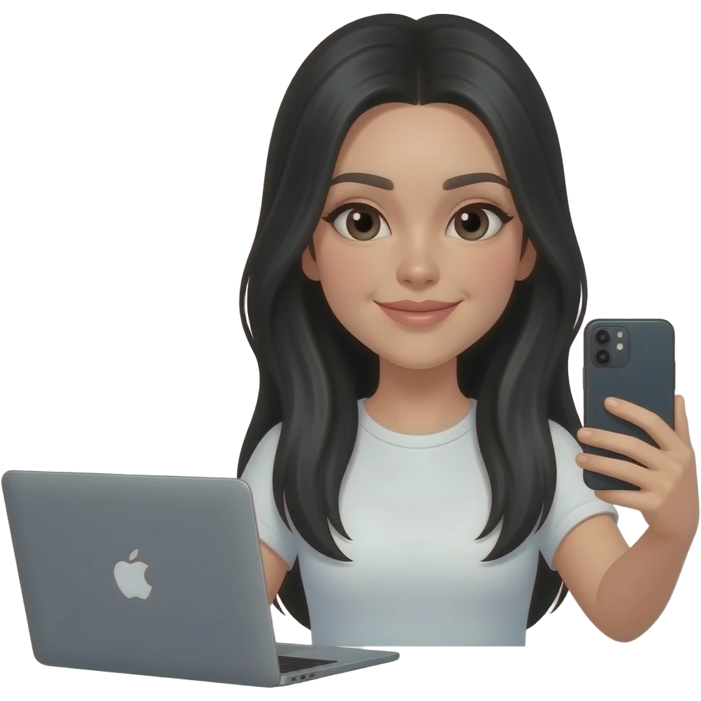 Mujer con cabello largo negro lacio,  de piel normal NO morena, con un lunar dentro del ojo izquierdo, y un lunar en el cachete derecho debajo del ojo, con ojos negros, grabandose con su iphone a ella misma y mirando el iphone y una mackbook a su lado emoji