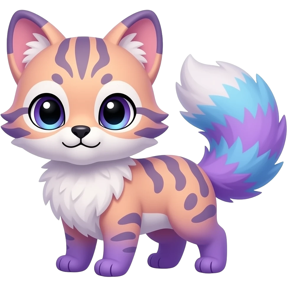 Cute kawaii cool edgy badass pastel cotton-candy pink-blue-purple gradient fluffy fur fantasy-civet-genet-vernid-Cacomistle-Trico-oncilla-Eevee-animal-Fakémon-hybrid-fursona (full body), facial markings, (realism style) emoji