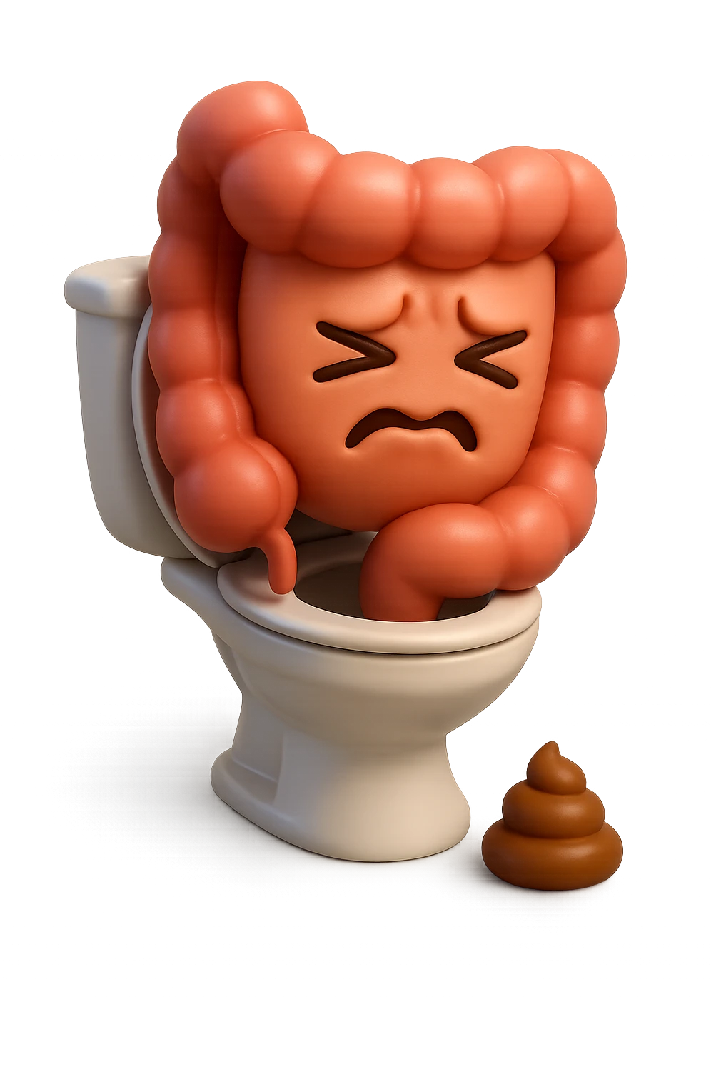 EMOJI STILE IPHONE 3D DI UN INTESTINO CHE sta seduto sul wc e davanti ha una montagnetta di feci a palline stile emoji iphone, fallo senza naso e FAGLI UN ESPRESSIONE di dolore mentre si sforza E FALLO MOLTO REALISTICO IN 3D emoji