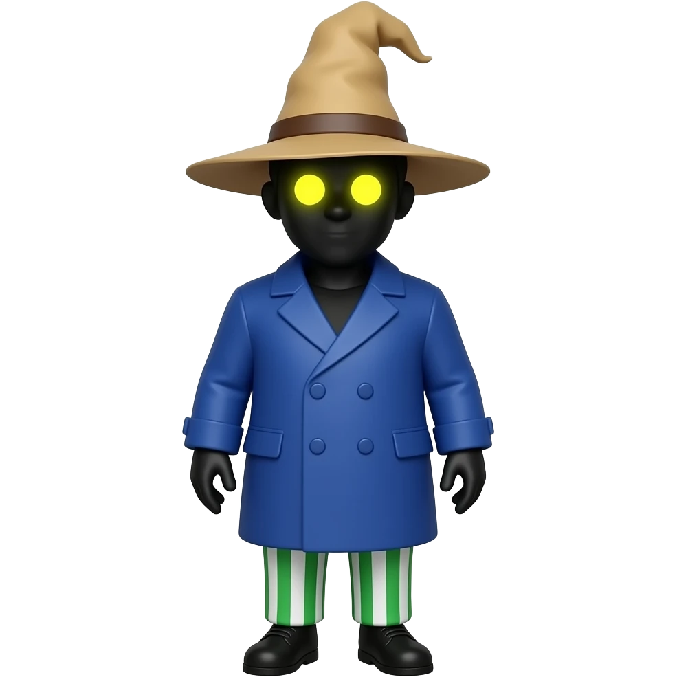 Vivi is defined by a pitch-black face illuminated only by two glowing, circular yellow eyes. He wears a tall, floppy tan wizard’s hat, a bulky blue double-breasted coat, and distinctive green-and-white striped balloon trousers. emoji