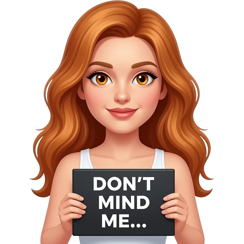 sexy girl with long wavy ginger hair and ginger eyes wearing a white tanktop is holding a black colored sign with DON'T MIND ME... written on it emoji