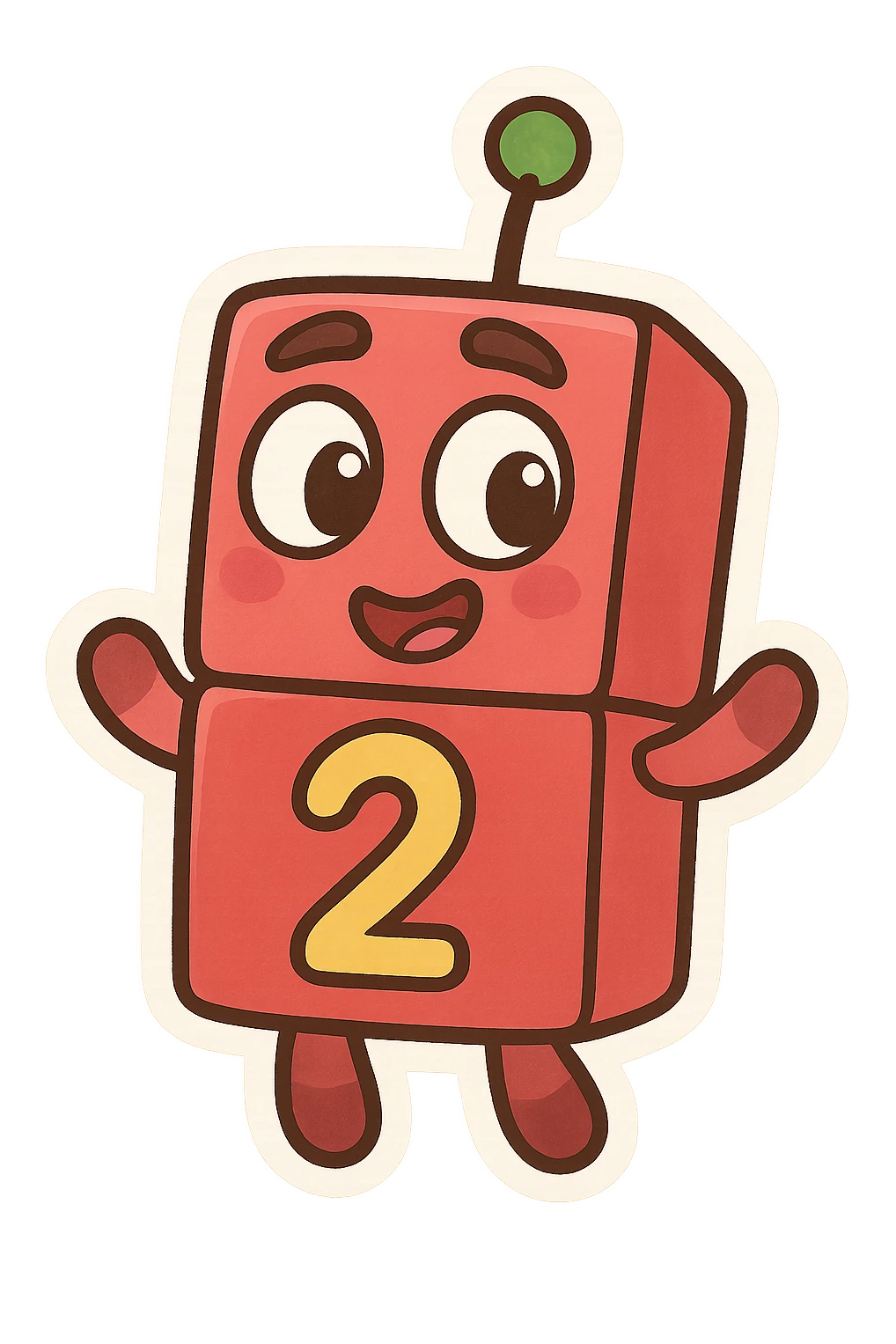 Numberblock 2, smiling block with two stacked squares, number 2 on the front, playful and colorful, cartoon style emoji