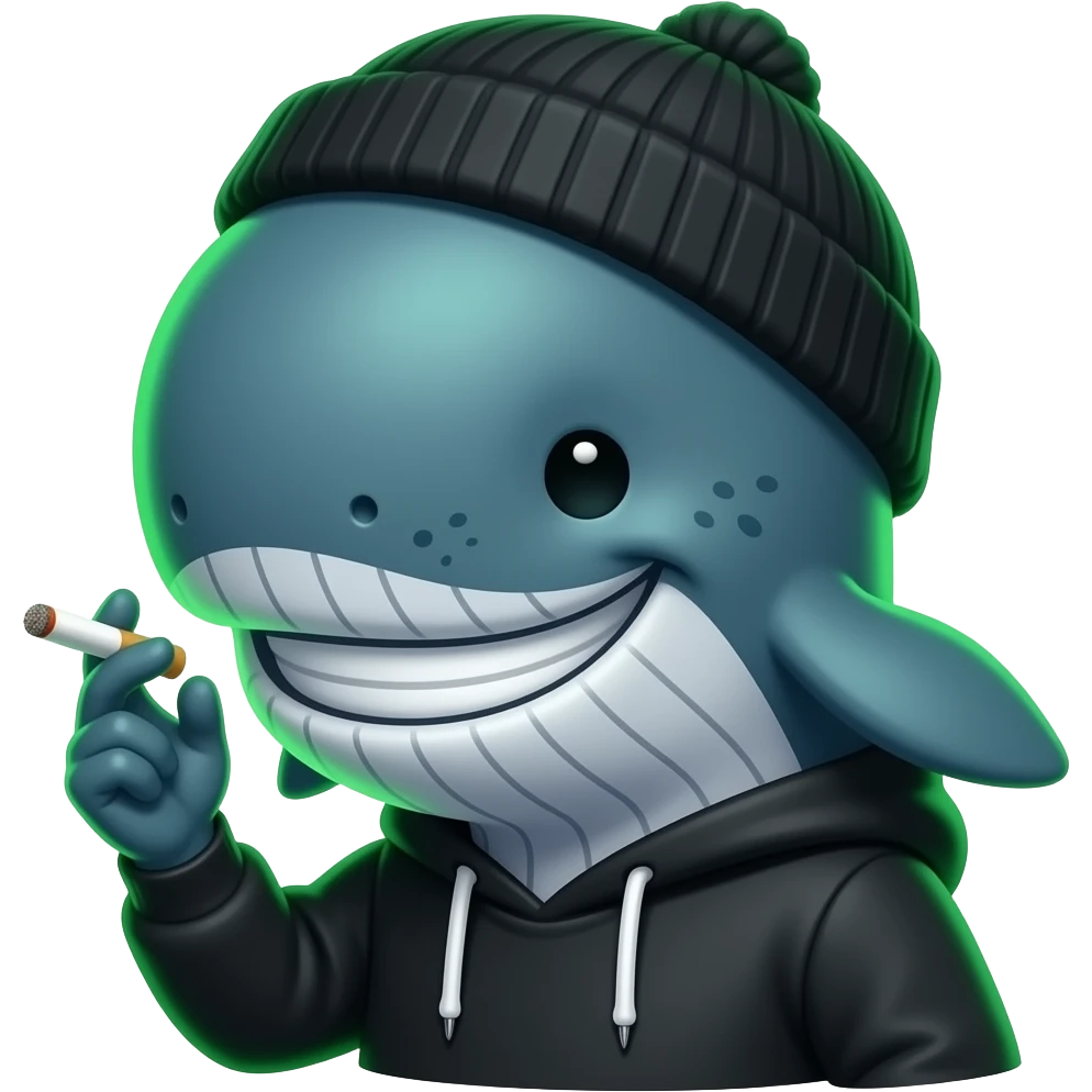 Cute Bullwhale laughing 😂, green whale face with freckles, mischievous confident smile, cigarette with green smoke, black beanie and hoodie, simple cartoon style, bold outlines, expressive eyes, crypto meme vibe, dark background with neon green glow, highly expressive emoji style. emoji