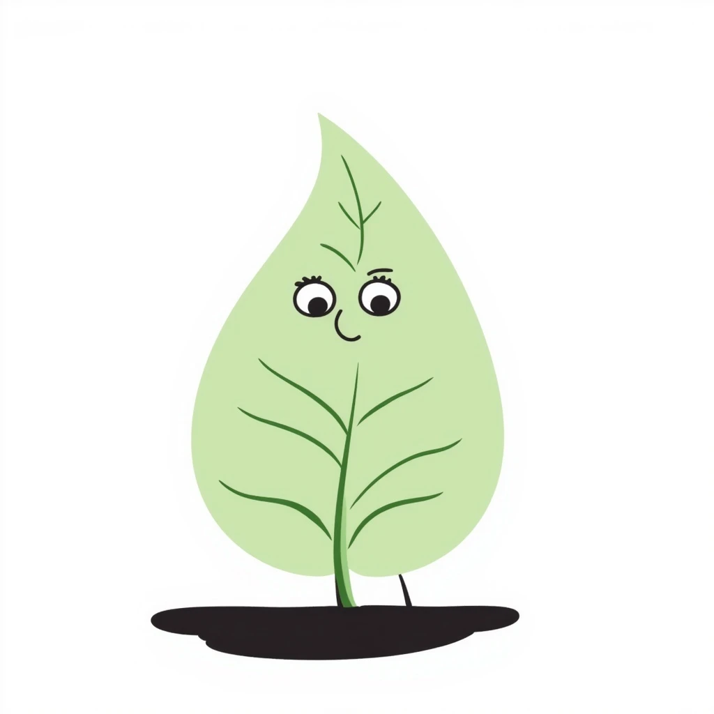 soft hand drawn digital illustration of a light green symmetrical leaf character with peaceful happy expression, minimalist clean design, gentle digital brush textures, designed for mobile app interface emoji