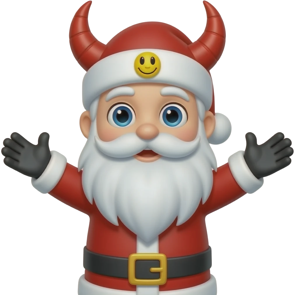 🧑‍🎄gloves blue eyes but with red devilshorns throughly the hat with yellow face and open arms like that 🤗and without glasses a emoji