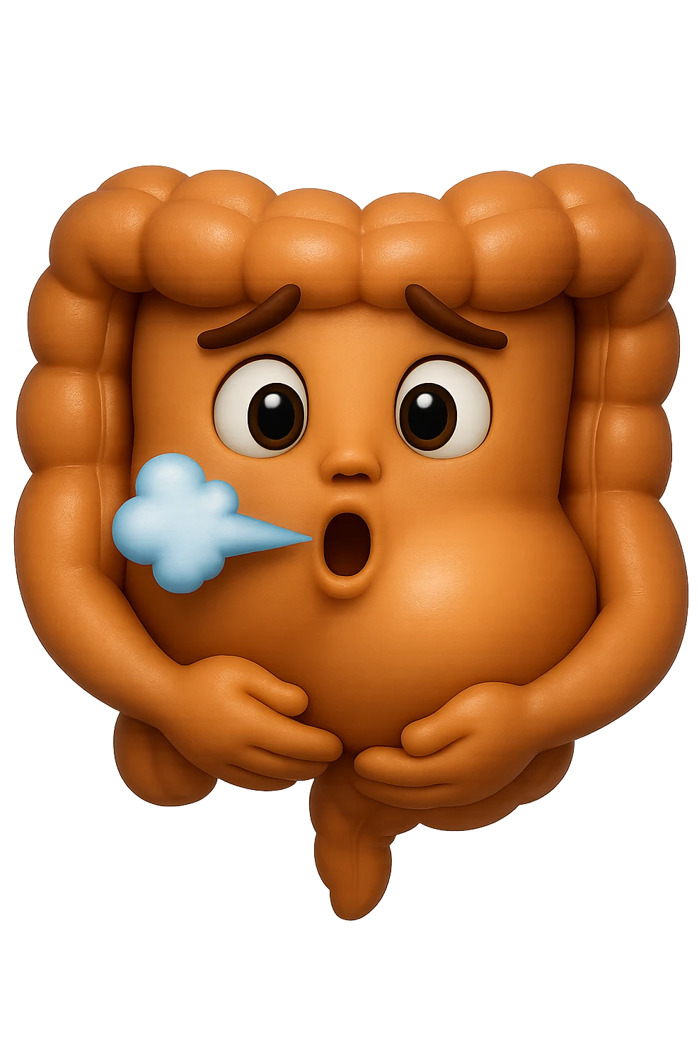 emoji stile iphone di un intestino che ingoia una nuvoletta di aria ben visibile e gli si gonfia la pancia, non fargli il naso, iperrealistico 4k emoji
