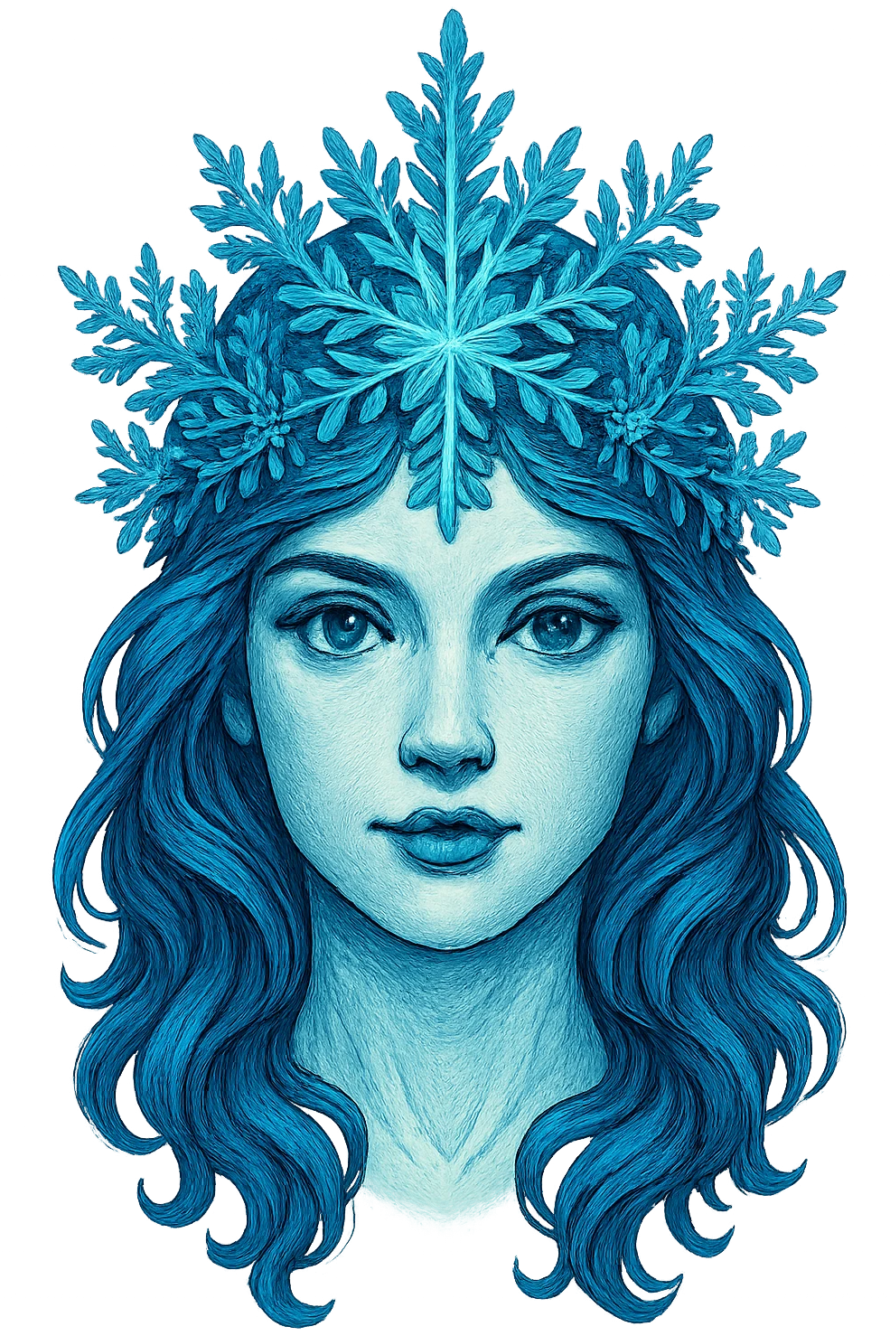 face with blue snowflake crown, digital illustration emoji