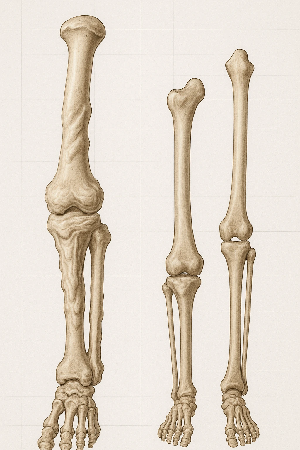 A highly realistic medical illustration focusing on a human arm and leg bones affected by melorheostosis. The bones appear visibly thickened, irregular, and larger than normal, with clear, layered bone growth resembling melted wax dripping down the side of the bones. The image shows a side-by-side comparison with a healthy bone for clarity, highlighting the difference in size and texture. The color palette includes neutral bone colors with subtle shading to show the abnormal contours and ridges. The background is clean and minimalistic, with faint anatomical grid lines for a scientific, educational feel. The overall mood is informative and precise, conveying the key visual characteristic of melorheostosis: progressive bone thickening that makes bones visibly larger and irregular. emoji