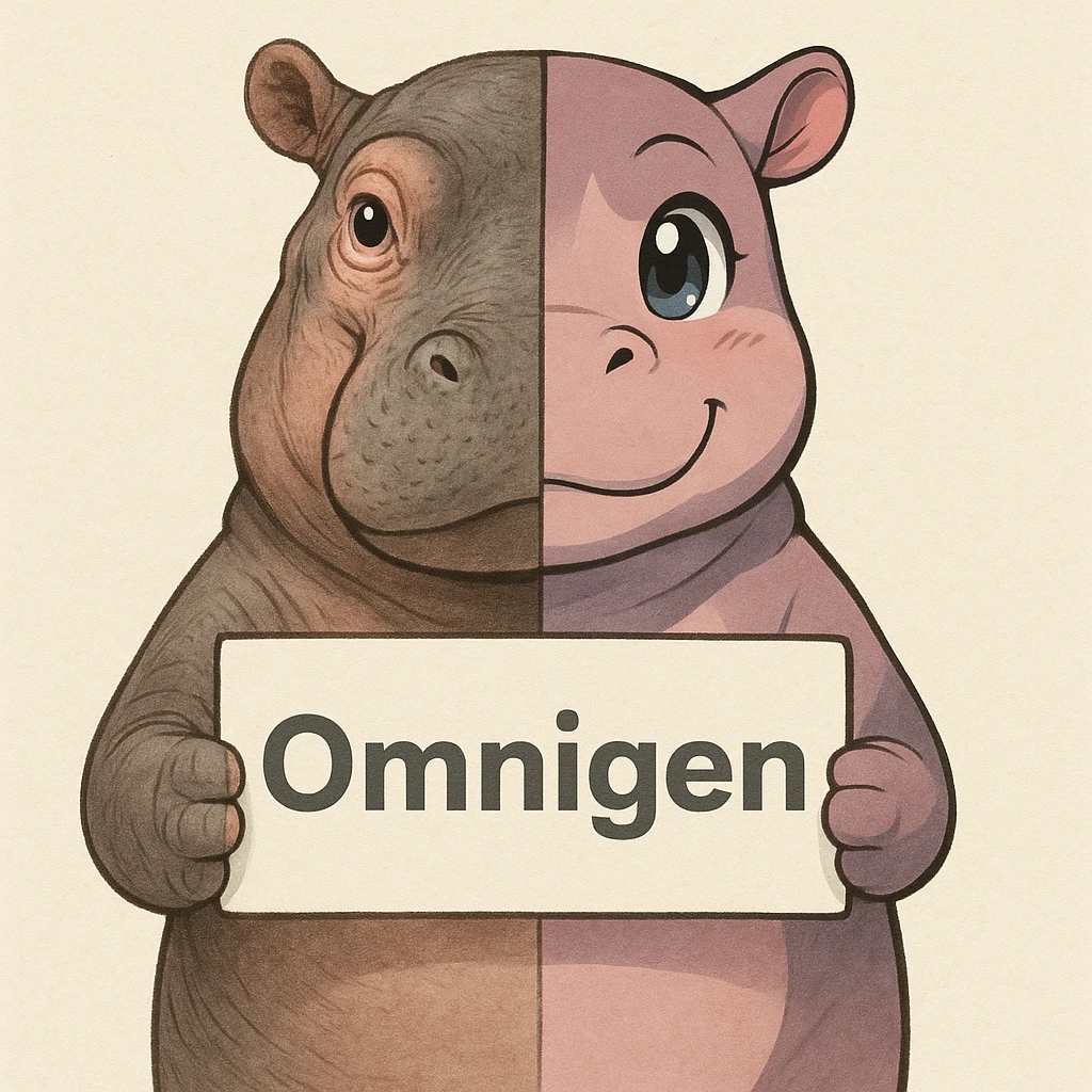 a hippo holding sign of omnigen, half picture hippo is realistic another hald is the anime of that same hippo emoji
