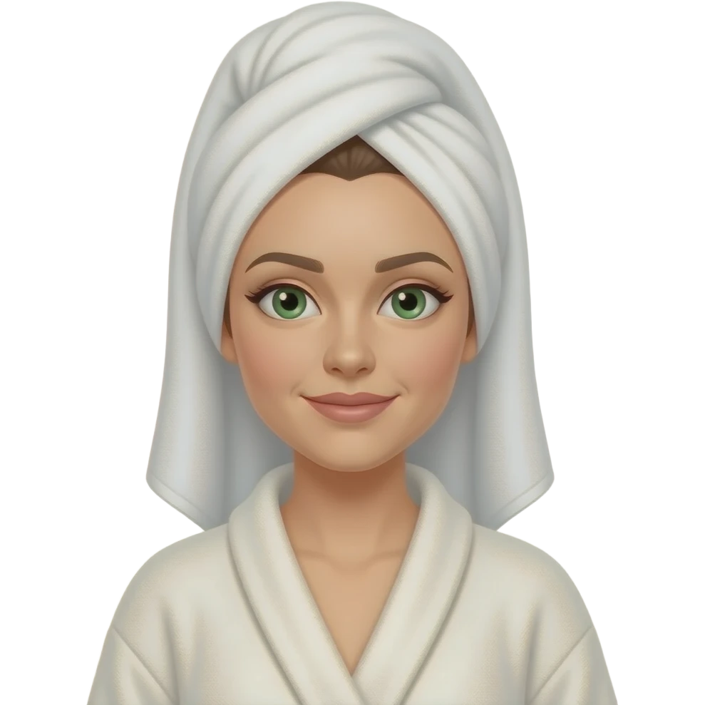 a woman using a robe and a towel on her head with green eyes but normal size emoji