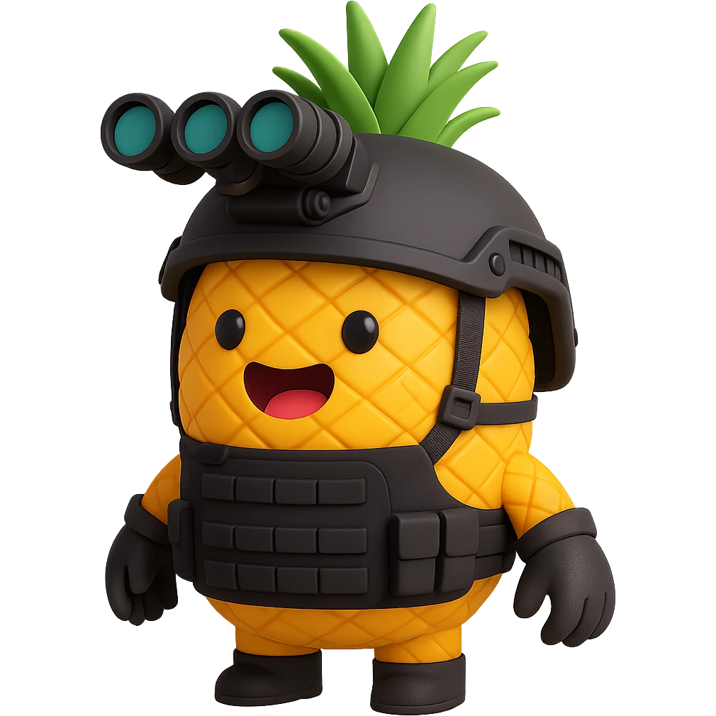 Make the pineapple wear special forces gear including a tactical helmet with night vision goggles, a black tactical vest, and gloves. The background should be transparent with no background. emoji
