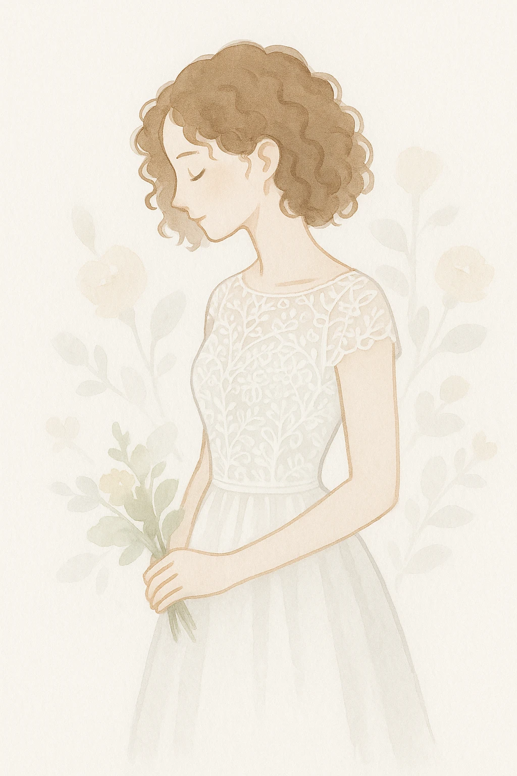 bride with curly hair, detailed lace dress, romantic pose, floral background, watercolor style emoji