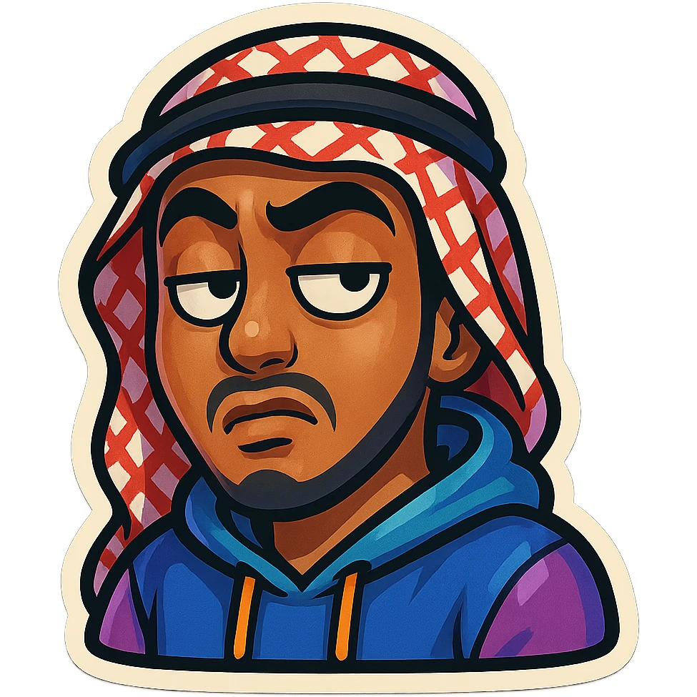 cartoonish, bold, vibrant emoji-style sticker of Ara, an Arab young man with medium brown skin, black hair, wearing casual urban Middle Eastern streetwear like a keffiyeh scarf or hoodie, giving a sarcastic side-eye with exaggerated expression emoji