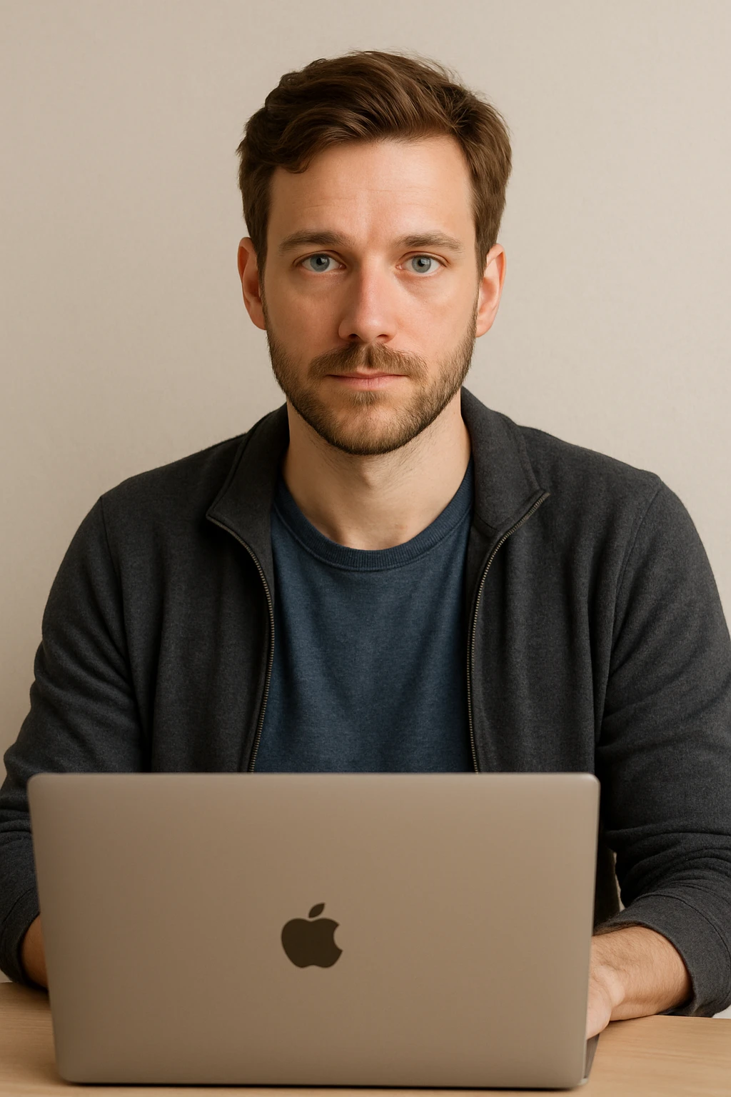 European man with blue eyes using a MacBook, casual modern look, neutral background emoji