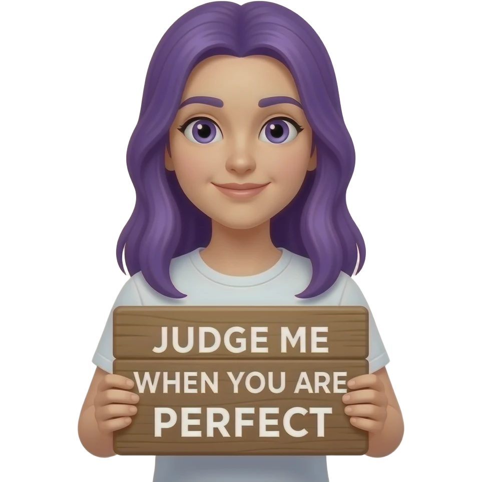girl with long purple hair holding a JUDGE ME when you are perfect sign emoji