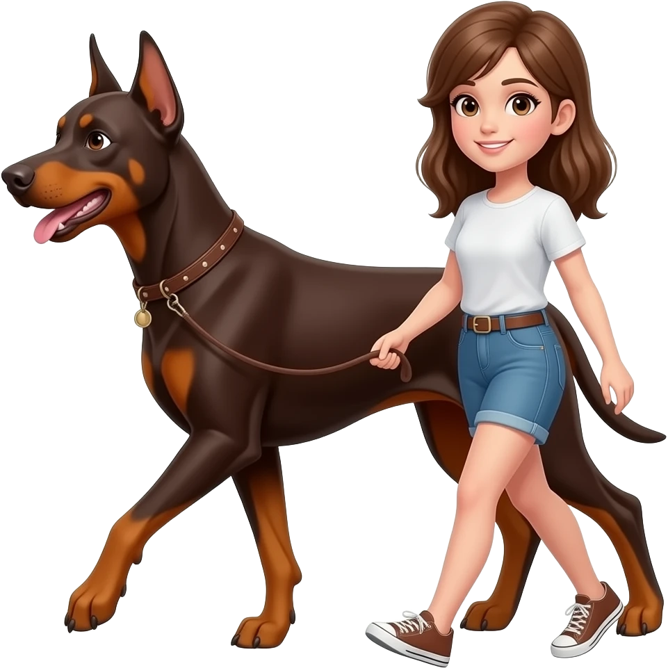 white girl with brown hair walking a brown dobberman dog on leash emoji