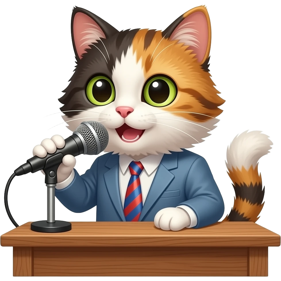 sincere long-haired calico cat podcaster at desk no clothes emoji