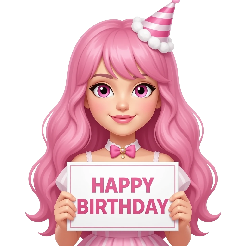 sexy girl with long pink hair and pink eyes wearing birthday dress holding a HAPPY BIRTHDAY sign emoji