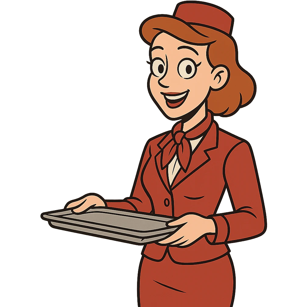 flight attendant in a red uniform, holding a tray, modern illustration, minimal background emoji