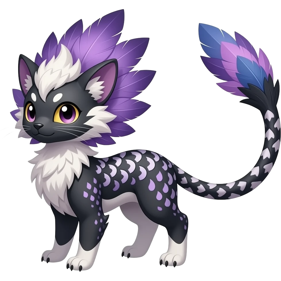 Scroll-patterned majestic feathery elegant realistic stylish Furry, feathery fluffy tropical flecked painted feathery scaly, Purple, white, black, Minccino-Bambino-Lykoi-Linoone-Zangoose-fusion-hybrid-animal-Fakémon-creature, full body, thin long sleek scaly tail, intricate markings emoji