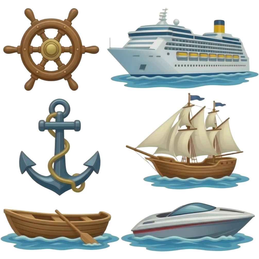 Steering wheel (pirate ship), anchor (cruise ship), wind (sailboat), rowboat, and speedboat emoji