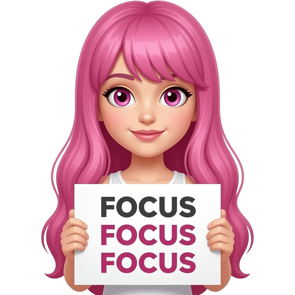 sexy girl with long pink hair and pink eyes wearing a holding a FOCUS FOCUS FOCUS sign emoji