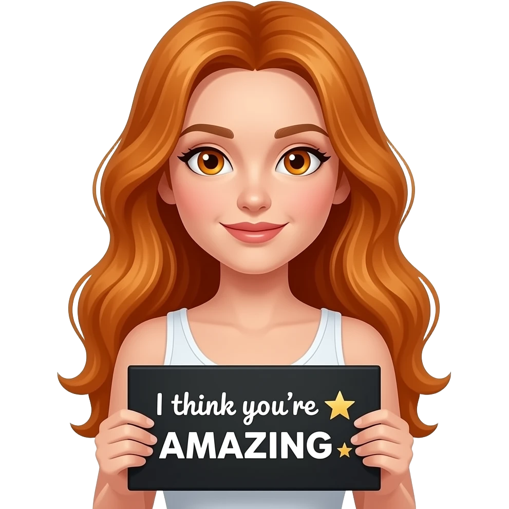 sexy girl with long ginger hair and ginger eyes wearing a white tanktop is holding a black sign with I think you're ☆ AMAZING ☆ written on it emoji