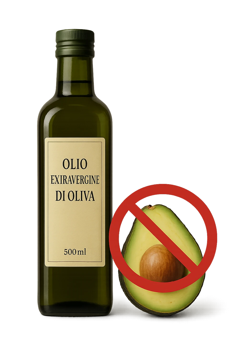 BOTTIGLIA DI OLIO EVO CON LA SCRITTA "OLIO EXTRAVERGINE DI OLIVA" SULL'ETICHETTA E AVOCADO CON DIVIETO SOPRA,  iperrealistico 4k emoji