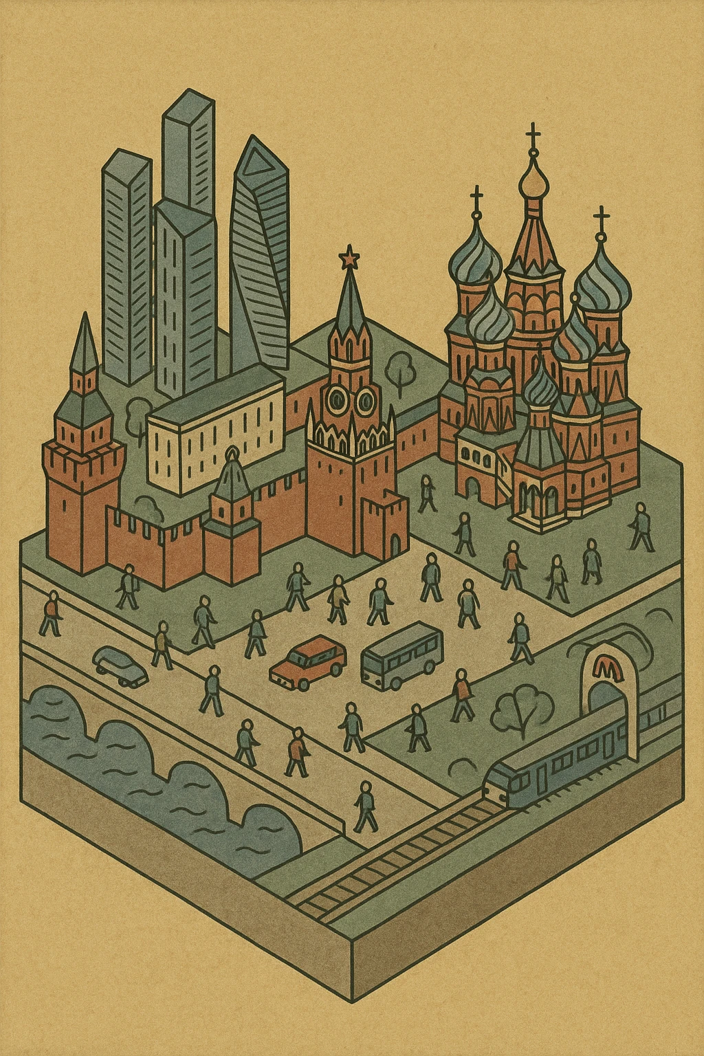 Изометричная миниатюрная 3D модель Москвы на подставке - фотореалистичный Кремль, собор Василия Блаженного, Башни Москва-Сити, аккуратная детализация, яркие цвета, мультяшный реализм, гуляют люди и современный автотранспорт и метро, компактная композиция, вид сверху в изометрии emoji