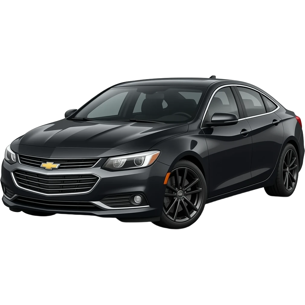 A realistic, high-detail photograph of a glossy black Chevrolet Malibu 2 Turbo Premier sedan with tinted windows, car headlights on the front and black alloy rims. emoji