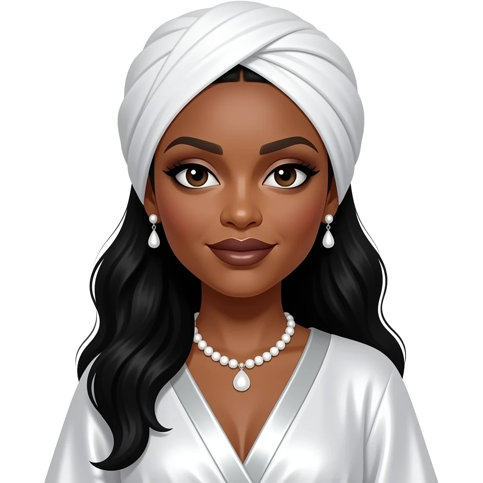 India Arie with dark brown eyes, long black hair, white eyeshadow, dark brown lipstick, white turban, white metallic caftan dress, white necklace and earrings emoji