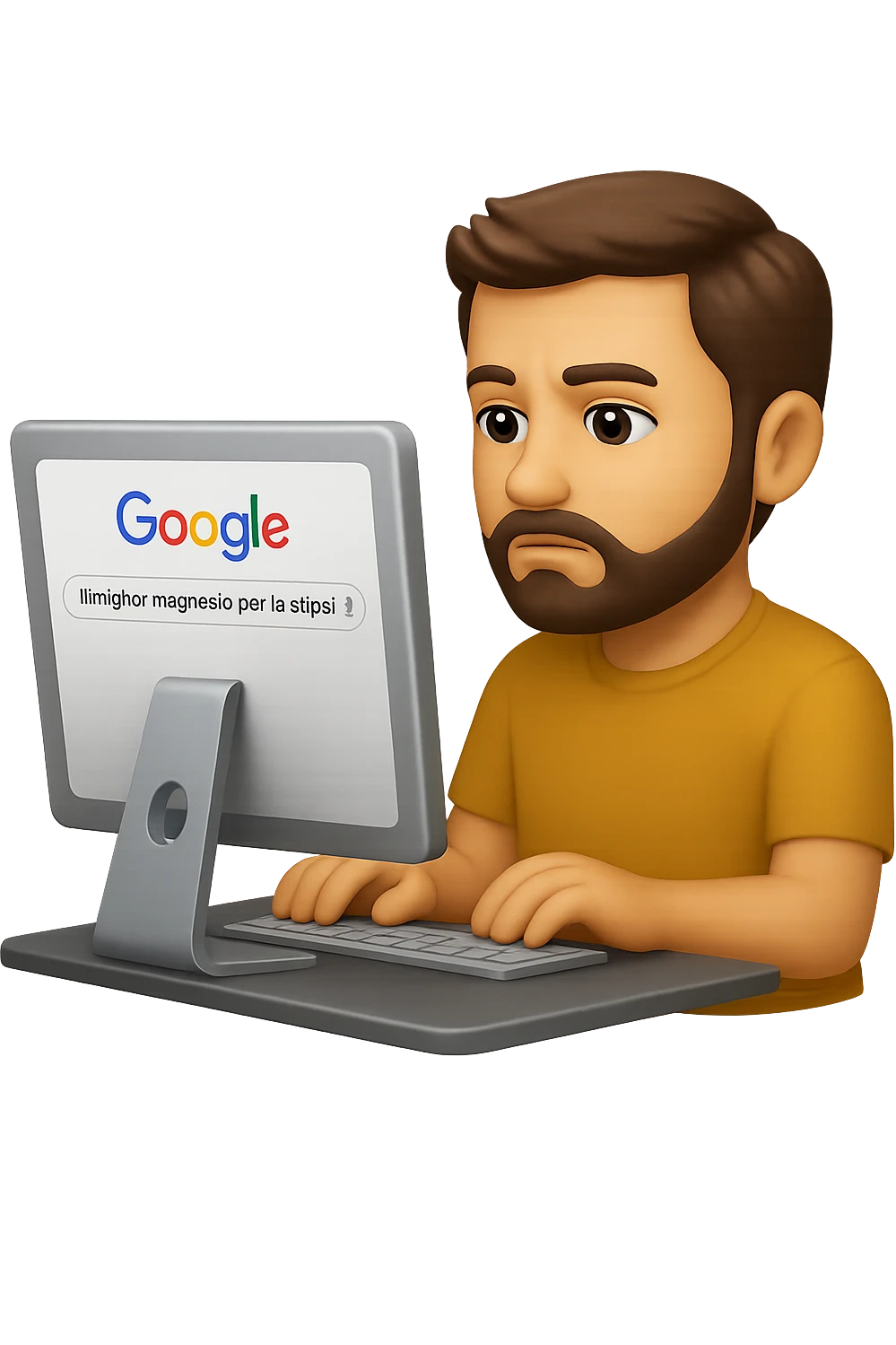 emoji stile iphone di un uomo davanti al pc che cerca di google: "Il miglior magnesio per la stipsi", iperrealistico 4k emoji